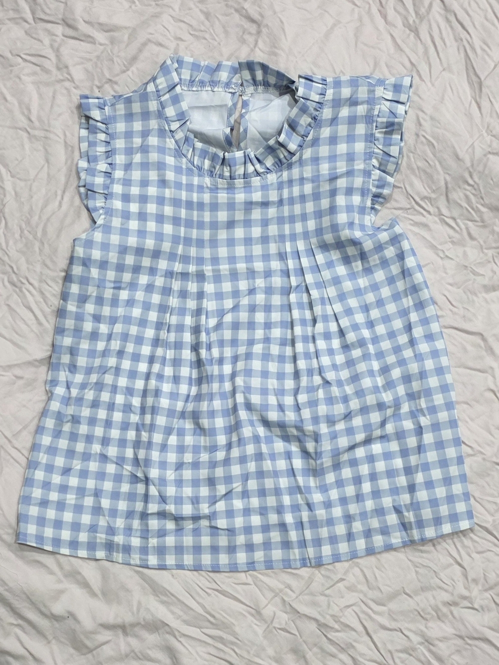 Blue & White Gingham Ruffle Neck Sleeveless Top